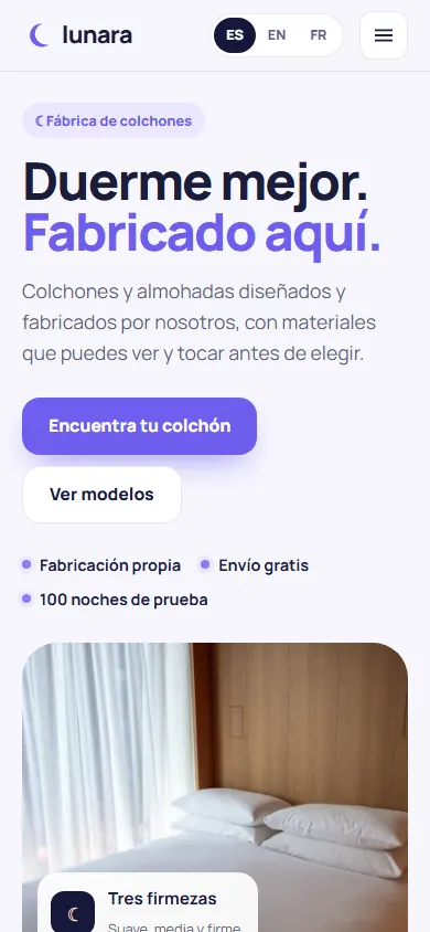 Web de ejemplo de Lunara Descanso en el móvil