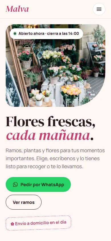 Web de ejemplo de Floristería Malva en el móvil
